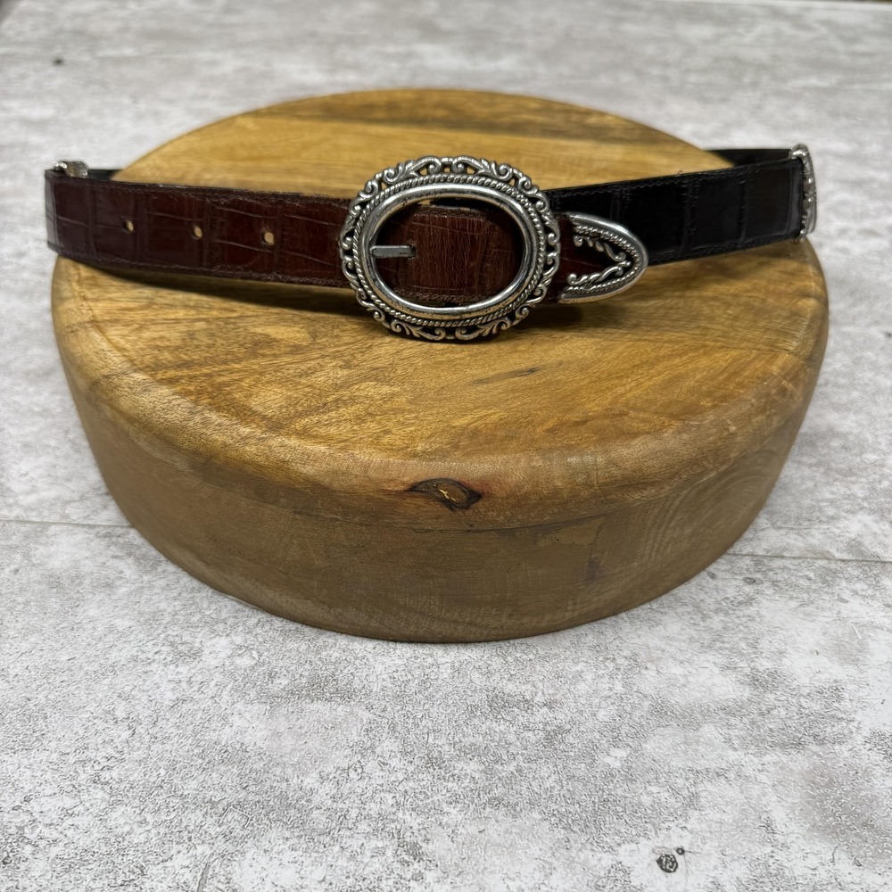 Western Leather Belt Womens Large Brown Black Croc Embossed Silver Buckle